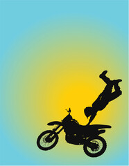 Fototapeta na wymiar Silhouette of a young man flying through the air on his motorcycle with one hand on the seat