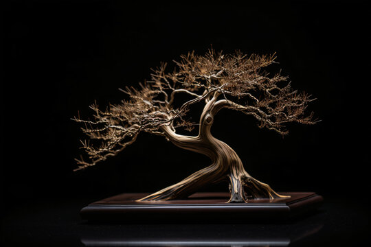 A copper wire bonsai tree on a black background Generative Ai