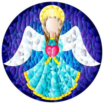 Illustration in stained glass style with an abstract angel in blue robe with a heart , round picture