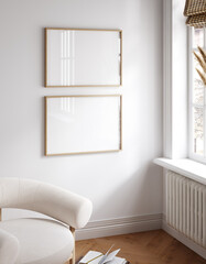 Mockup frame in contemporary Scandinavian living room interior, 3d render