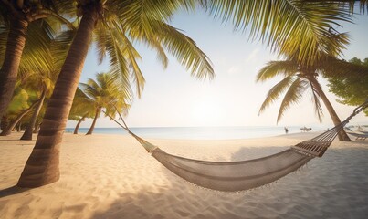  a hammock hanging between two palm trees on a beach.  generative ai