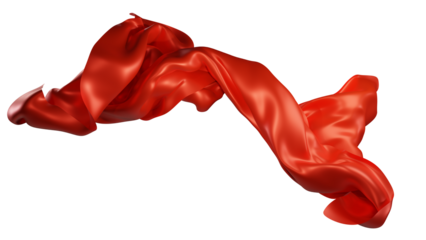 Red silk fabric design element, 3d rendering silk cloth material flying in the wind. Waving satin cloth isolated on transparent PNG background