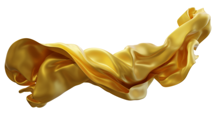Gold silk fabric design element, 3d rendering golden cloth material flying in the wind. Waving satin cloth isolated on transparent PNG background