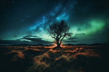 Naklejka na ściany i meble bare tree on a dry meadow in front of the starry sky created with Generative AI technology