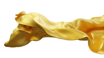 Gold silk fabric design element, 3d rendering golden cloth material flying in the wind. Waving satin cloth isolated on transparent PNG background