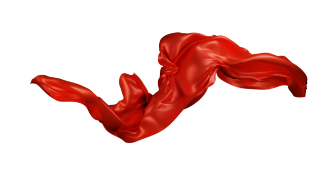 Red silk fabric design element, 3d rendering silk cloth material flying in the wind. Waving satin cloth isolated on transparent PNG background