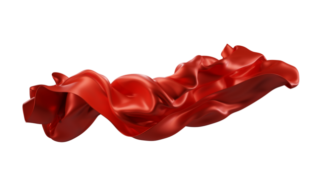Red silk fabric design element, 3d rendering silk cloth material flying in the wind. Waving satin cloth isolated on transparent PNG background