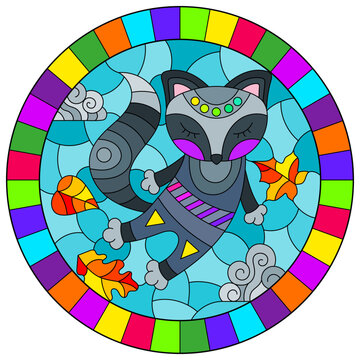 An illustration in the style of a stained glass window with bright cartoon fox on a background of blue sky and leaves in a bright frame, round image