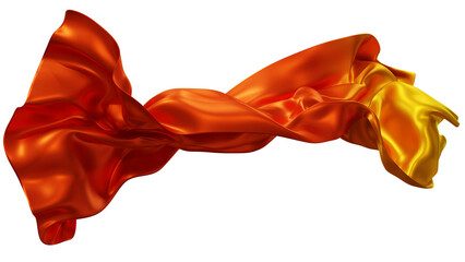 Yellow orange silk fabric design element, 3d rendering silk cloth material flying in the wind. Waving satin cloth isolated on transparent PNG background