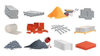 Construction materials and equipment set vector illustration. Cartoon concrete mixer with cement pile, pipe, bricks and blocks stack, stones and sand heap with wheelbarrow for building and renovation - obrazy, fototapety, plakaty