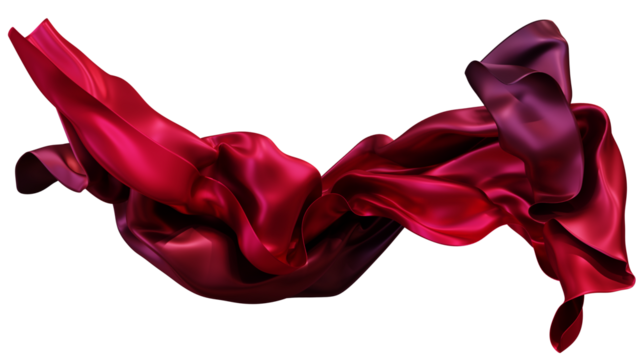 Red silk fabric design element, 3d rendering silk cloth material flying in the wind. Waving satin cloth isolated on transparent PNG background
