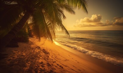 Fototapeta premium a beach with a palm tree and the sun shining through the clouds. generative ai