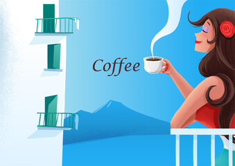 woman drinking coffee panorama Naples and Vesuvius - 607960249