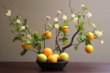 Small lushy lemon tree with a lt of yellow lemons in the pot n the background of a light room