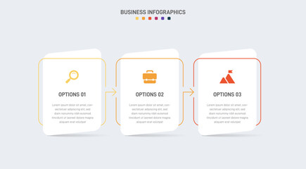 Timeline infographic with infochart. Modern presentation template with 3 spets for business process. Website template on white background for concept modern design. Horizontal layout.