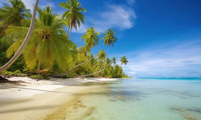  a tropical beach with palm trees and clear blue water on a sunny day.  generative ai