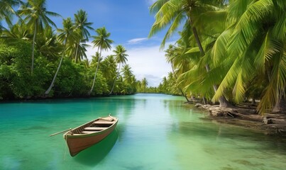  a boat floating on top of a river surrounded by palm trees.  generative ai