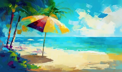 Fototapeta na wymiar a painting of a beach with a palm tree and umbrella. generative ai
