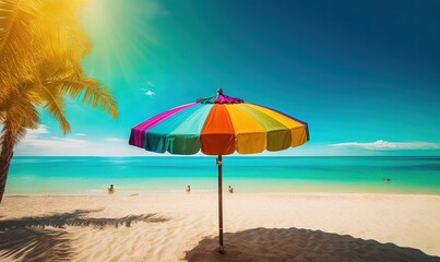Fototapeta na wymiar a colorful umbrella on a beach near the ocean and people. generative ai