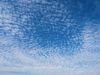 Blue sky with unusual fluffy abstract white clouds structure. Strange dramatic clouds pattern texture.