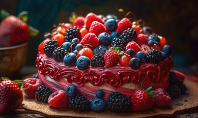  a cake with berries, strawberries, and blueberries on it.  generative ai