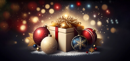 Obraz premium Christmas. Gift on the background of Christmas balls. AI generated