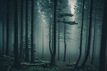 tall coniferous trees in a misty forest created with Generative AI technology