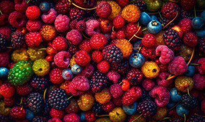  a pile of raspberries and other berries are shown.  generative ai
