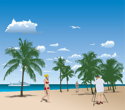 Vector illustration of tourists in tropical beach