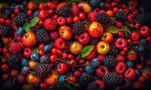  a bunch of berries and raspberries are piled together.  generative ai