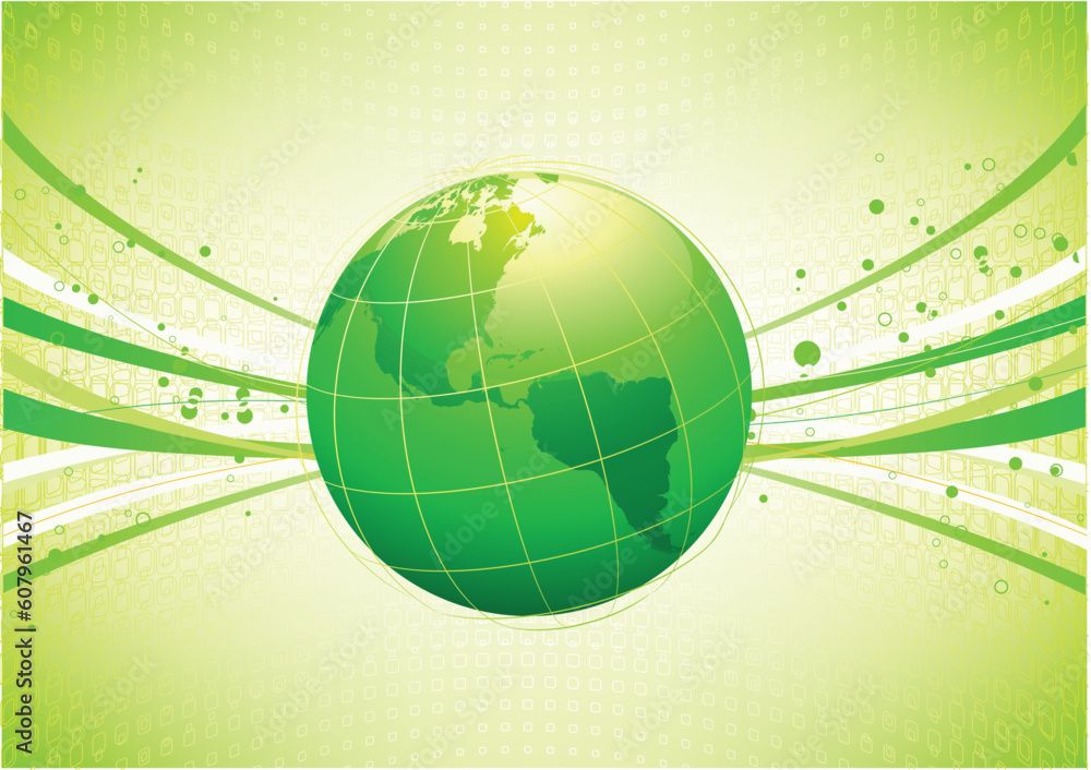 Poster vector illustration of green abstract lines background - composition of curved lines and globe