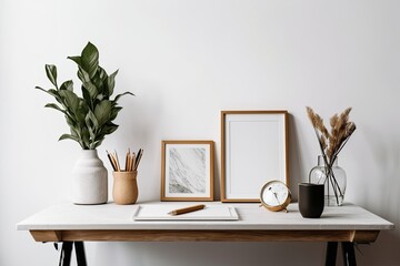 a table with an empty picture frame on a white background serving as a product display. Generative AI