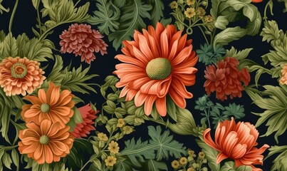  a bunch of flowers that are on a black background with green leaves.  generative ai