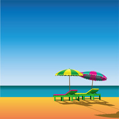 Fototapeta na wymiar Two Sunloungers and Parasols on a Beach
