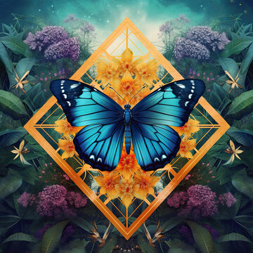 Blue butterfly in sacred geometry garden. AI generated