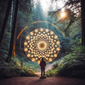 Sacred geometry in the forest. AI generated