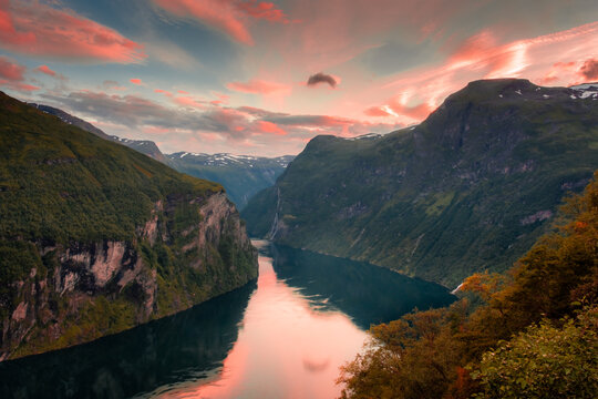 Sunset over the Geirangerfjord and the Seven Sisters Waterfall,  Norway