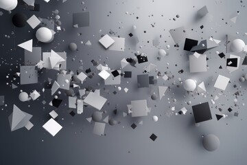 Abstract grey background with scattered white and black squares and triangles, Generative ai