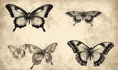  a set of four different butterflies on a beige paper background.  generative ai