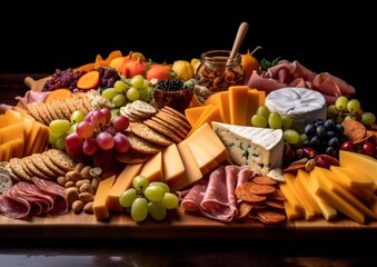 colby jack cheese platter with a variety of sliced cheeses, meats, and olives