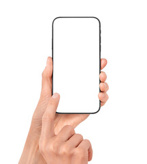 Hand holds smartphone mockup. Mobile phone template with blank screen. Cell phone device isolated on white or transparent background.