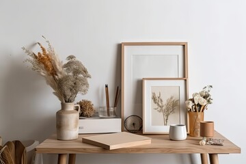 a wooden desk with a bouquet of flowers in a designed vase and a mock up photo frame against a white background. Generative AI