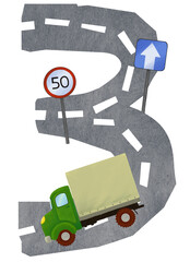 Number three (3) road and cars children illustration. Isolated on transparent background. Birthday card, party invitation template, cake decoration