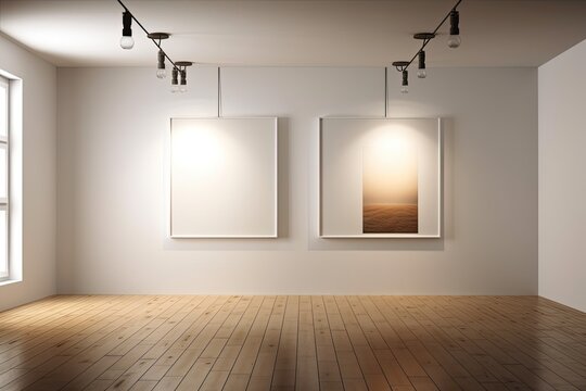 a white wall with two canvases, six spotlights, and a wooden floor. Concept for an exhibition; illustration. Generative AI