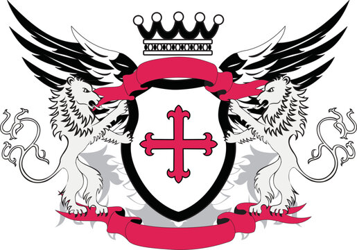Grunge heraldic shield with cross flory and lions - vector illustration