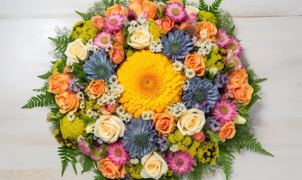  a colorful arrangement of flowers arranged in a circle on a white surface.  generative ai