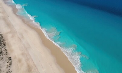  an aerial view of a sandy beach and blue ocean water.  generative ai
