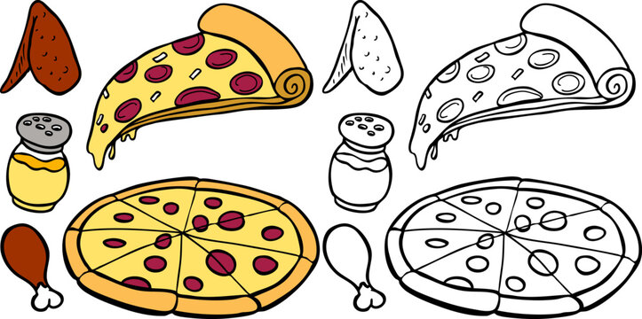 Cartoon image of a variety of different pizza and wings food items - both color and black / white versions.