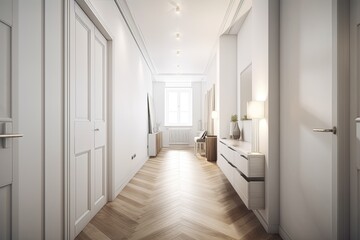 a white hallway leading to the rooms in the flat. Generative AI - obrazy, fototapety, plakaty