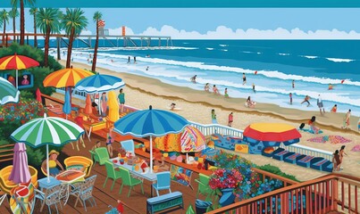  a painting of a crowded beach with umbrellas and chairs.  generative ai